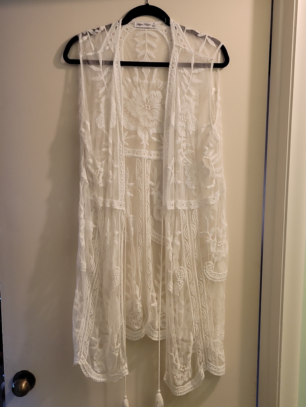 Sheer White Embroidered Lace Duster Vest